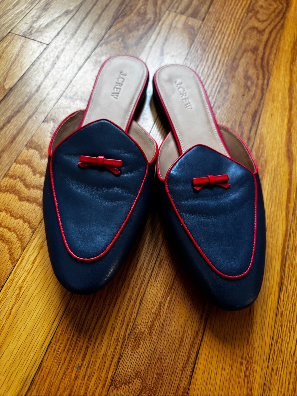 J. Crew Navy Leather Slip-On Mules with Red Trim and Mini Bow